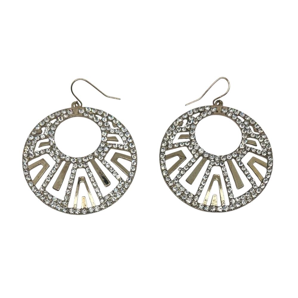 New Gold Tone Rhinestone Design Large Medallion Dangle Earrings